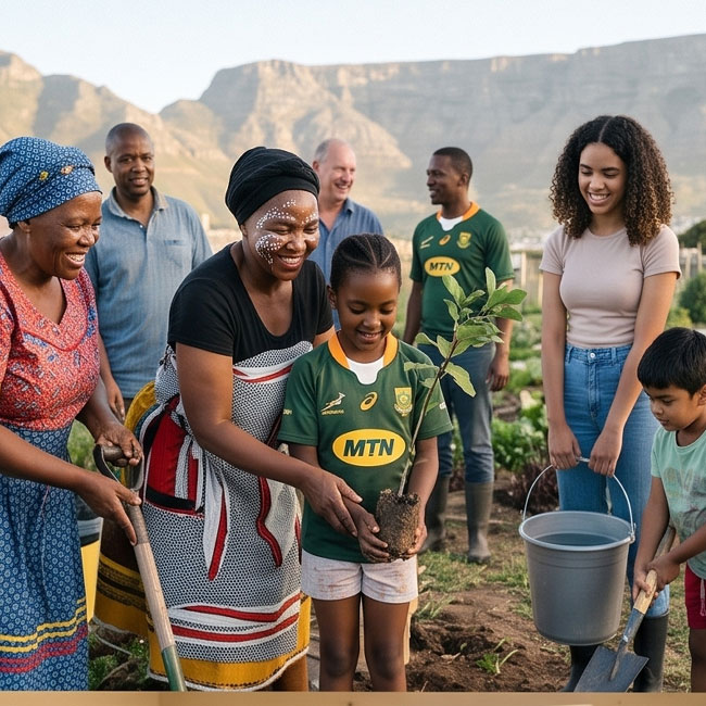 Grandparent and child planting a tree